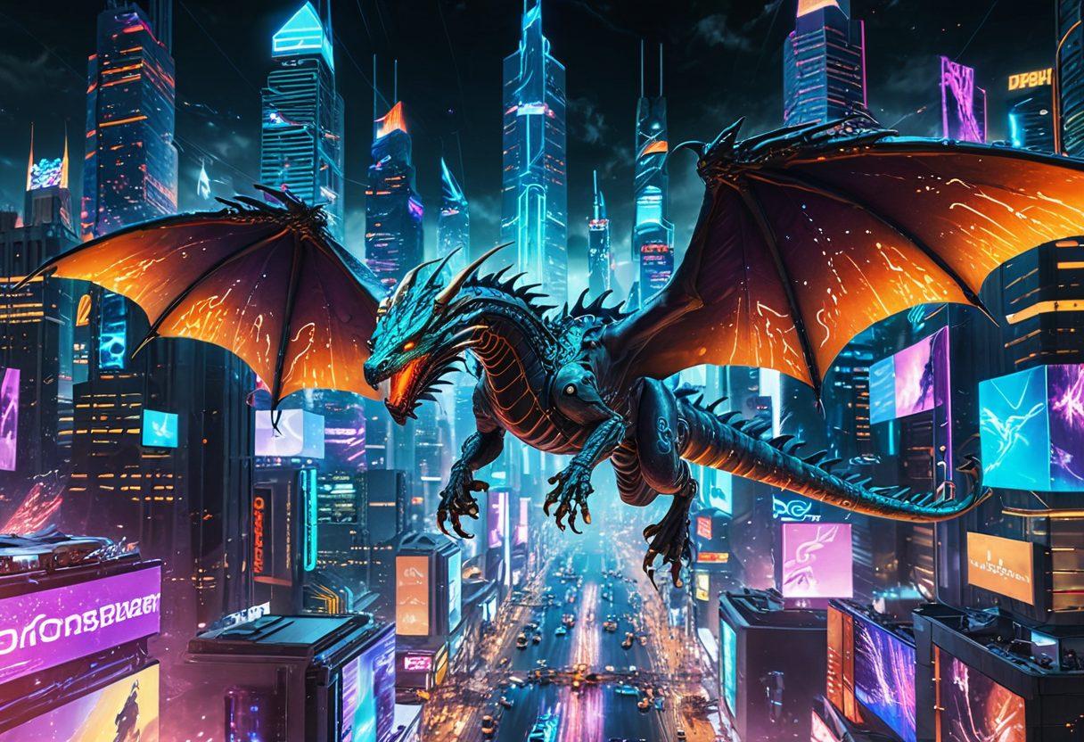 A futuristic dragon composed of digital code flying through interconnected webs of glowing data streams over a sleek modern cityscape. The city below is full of advanced technology with holographic advertisements and flying cars, representing the future of web solutions. super-realistic. vibrant colors. cyberpunk.