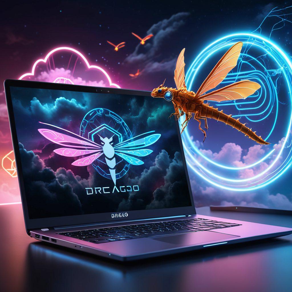A dynamic scene featuring a sleek laptop with the Web Drago99 logo on the screen, surrounded by icons representing SEO, e-commerce, and web development tools. In the background, a dragon flying through digital clouds symbolizing mastery and speed. Elements should be interconnected with glowing neon lines. super-realistic. vibrant colors. futuristic styling.