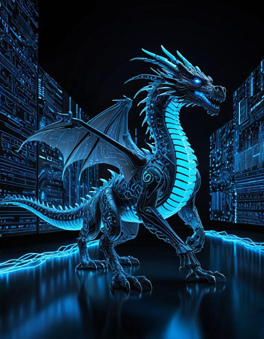 A dynamic dragon soaring through a futuristic digital landscape, with neon-blue circuits and web infrastructures sprawling in the background. The dragon is intricately designed with elements symbolizing data flow, security, and connectivity. The skyline features servers and data centers illuminated by glowing binary codes. super-realistic. vibrant colors. 3D.